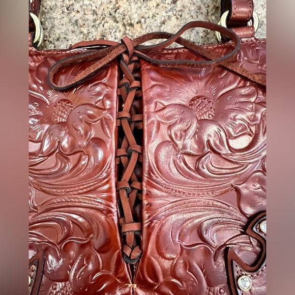 Patricia Nash Montana Sadie Hand-Tooled Leather Satchel Whiskered Brown New - Picture 7 of 13